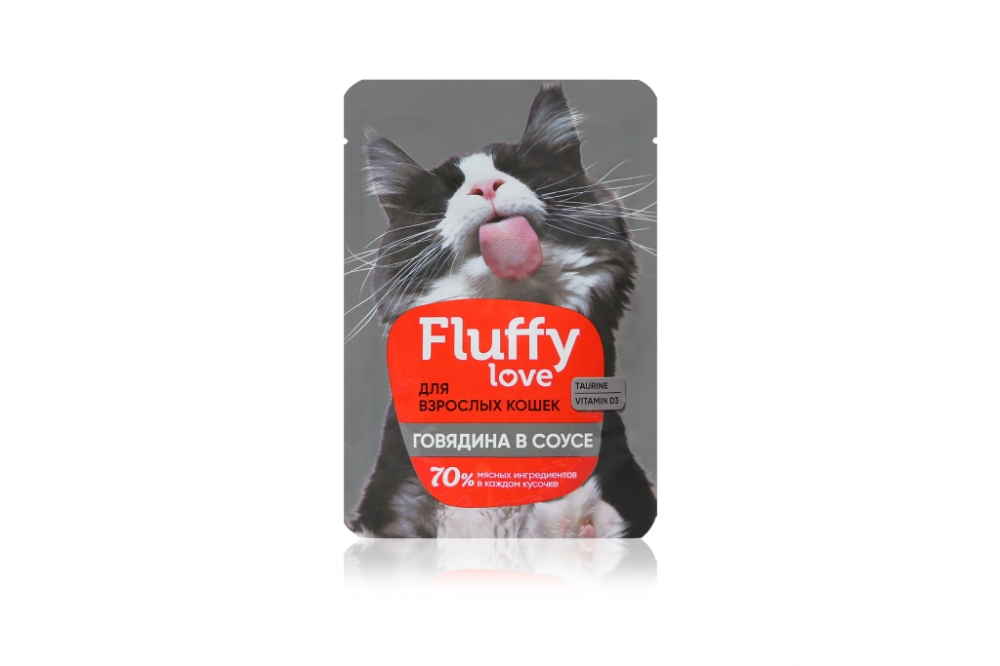 Fluffy Love влажный корм для кошек. Кусочки с говядиной в соусе, 85 г